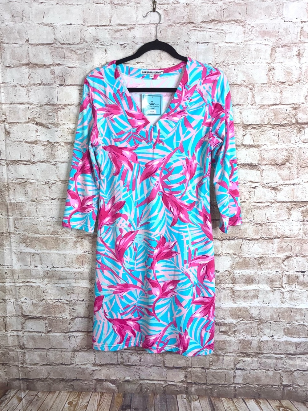 Barbara Gerwit Jersey Shift Dress in Pink Palm Print Size Medium NEW